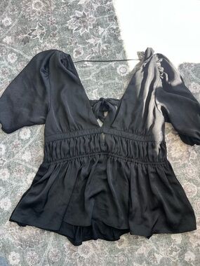 DOLAN (Anthropologie) Black Peplum V-Neck Tie-Back Women's Top
